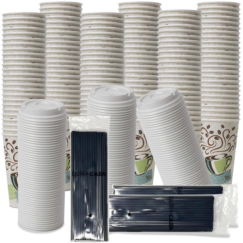 DuraCasa Straws and Dixie PerfecTouch WiseSize Coffee Design Insulated Paper Cup 16oz Cups Lids and DrinkingSticks Bundle 16 oz 100 Cups 100 Lids 100 Straws